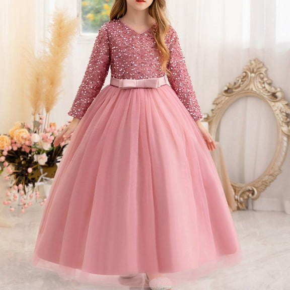 NAISIBABY Girls Princess Dress 10T, Sequin Elegant Long Sleeve Mesh Long Length Birthday Wedding Pageant Party Dress Pink(7-15T)