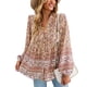 thumbnail image 1 of Camisas bohemias informales para mujer, estampado floral, con botones, cuello en V, manga larga, con cordón, blusas sueltas y fluidas, color caqui XL, 1 of 6