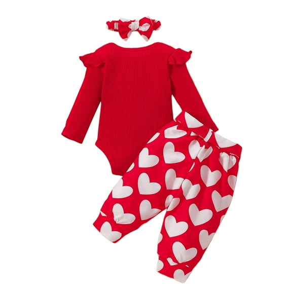 Elippeo Baby Girls Valentine's Day Outfit Ruffles Long Sleeves Romper and Heart Print Pants with Belt Headband Set Cute Clothes 3 6 12 18 24 Months
