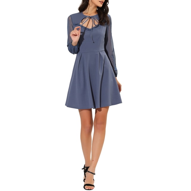 INSPIRE CHIC Vestido Mini de Manga Larga de Malla con Cuello de Lazo en Azul Gris L