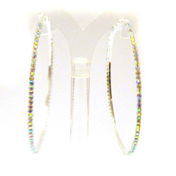 Large Iridescent Rhinestone Silver Hoop Earrings 2.5 inch Hoop Earrings Classic Hoops Crystal