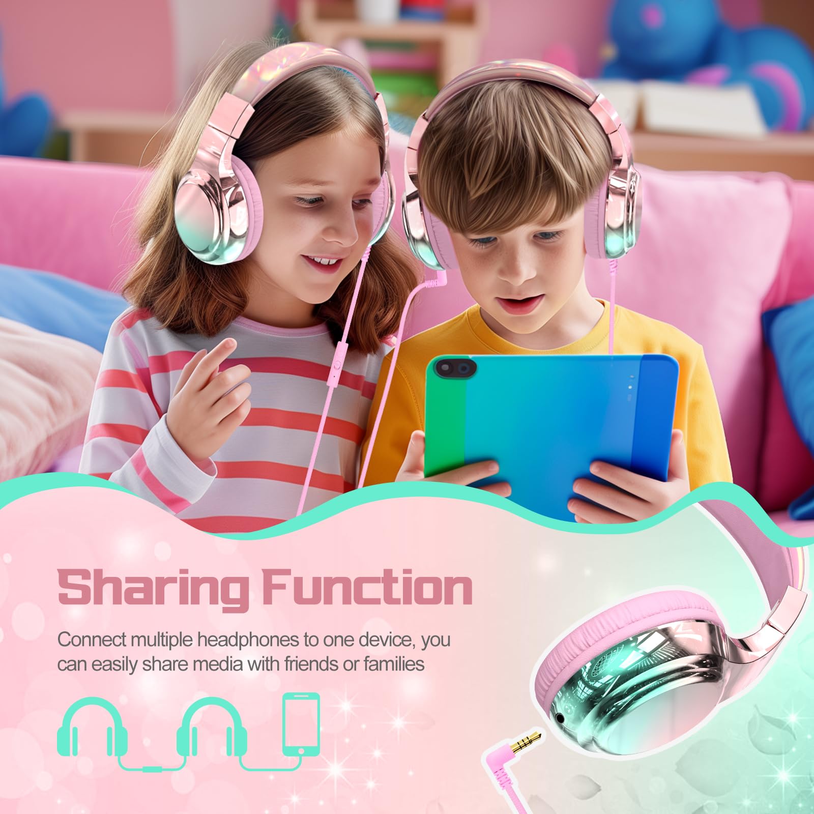 QearFun Kids Wired Headphones with Volume Limit, Pink photo 2