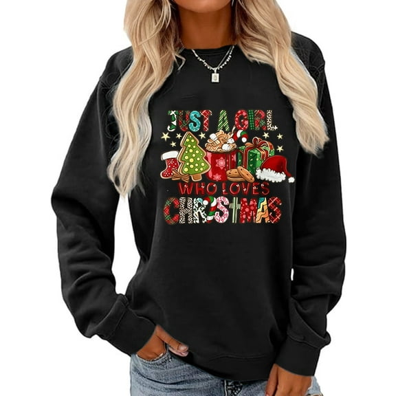 Woman Christmas Sweatshirt Christmas Gift Graphic Shirt Casual Loose Long Sleeve Black Top
