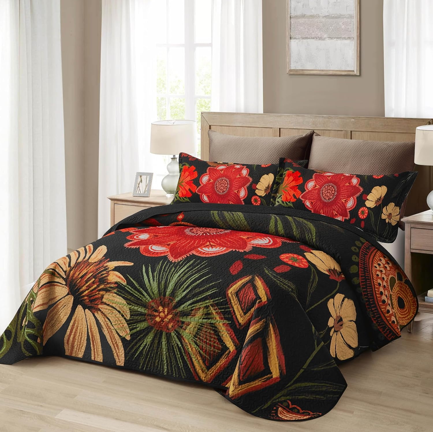 Tyrot 3 Piece Black Boho Floral King Size Quilt Sets Farmhouse Botanical Comforters Bedding King Quilt Sets  96"x106"