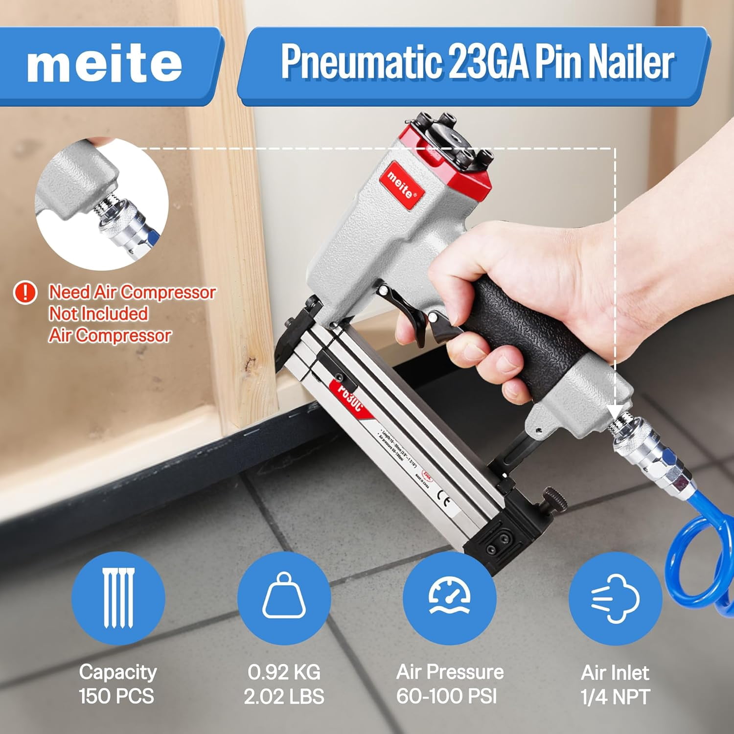 MEITE P630C Pneumatic Pin Nail Gun 23 Gauge 3/8" to 1-3/16" Length Pin Nailer