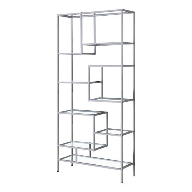 Monarch Specialties Bookshelf, Bookcase, Etagere, 72"h, Office, Bedroom, Metal, Tempered Glass, Grey, Clear, Contemporary, Modern