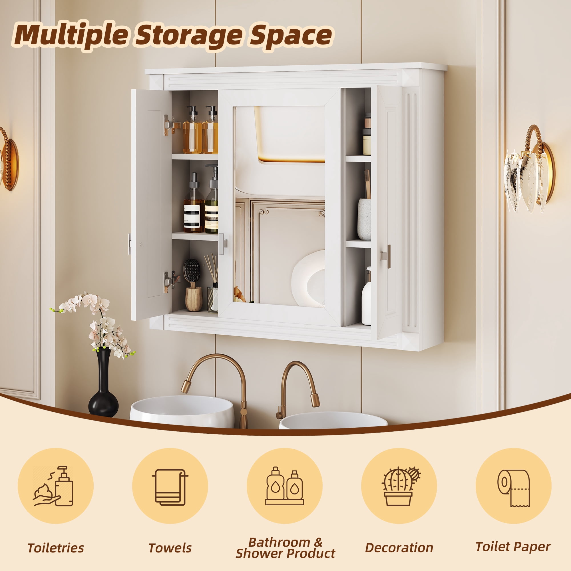 Euroco Bathroom Wall Cabinet with Mirror, Wall Mounted Medicine Cabinet with 4 Shelves, Mirrored Door Over Toilet Storage Cabinet, White