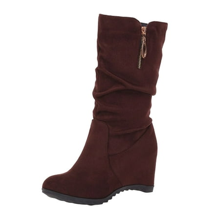

Ladies Fashion Solid Color Suede Pleated Pile Boots Side Zip Wedge Heel Medium Boots