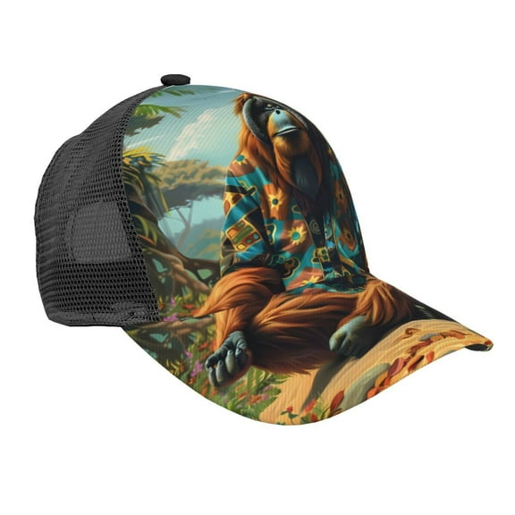 Zufioo Forest Meditating Gorilla Print Mesh Baseball Cap, Adjustable Sport Travel Hat Accessory for Men and Women