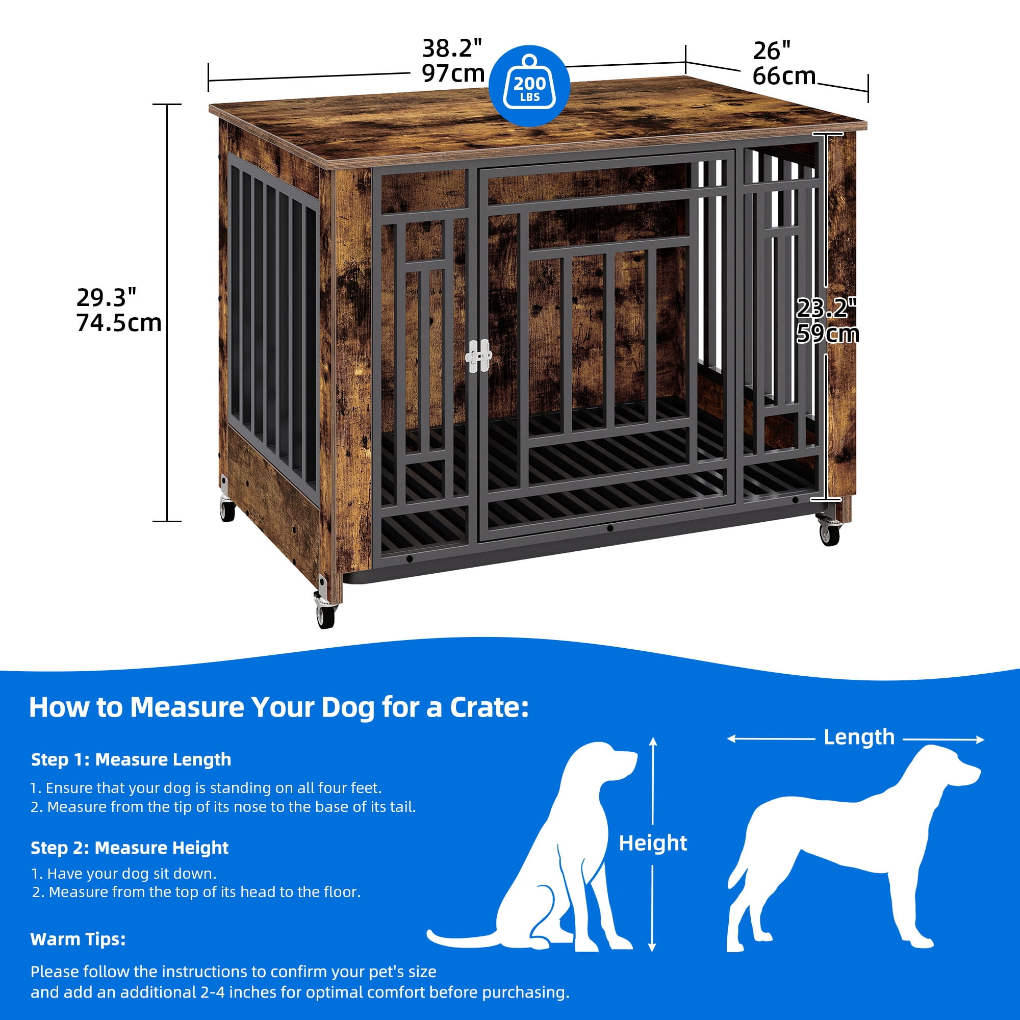 Dextrus 38.2 Inch Dog Crate Furniture with Wheels, Wooden Indoor Dog Kennel with Removable Tray End Table for Dogs