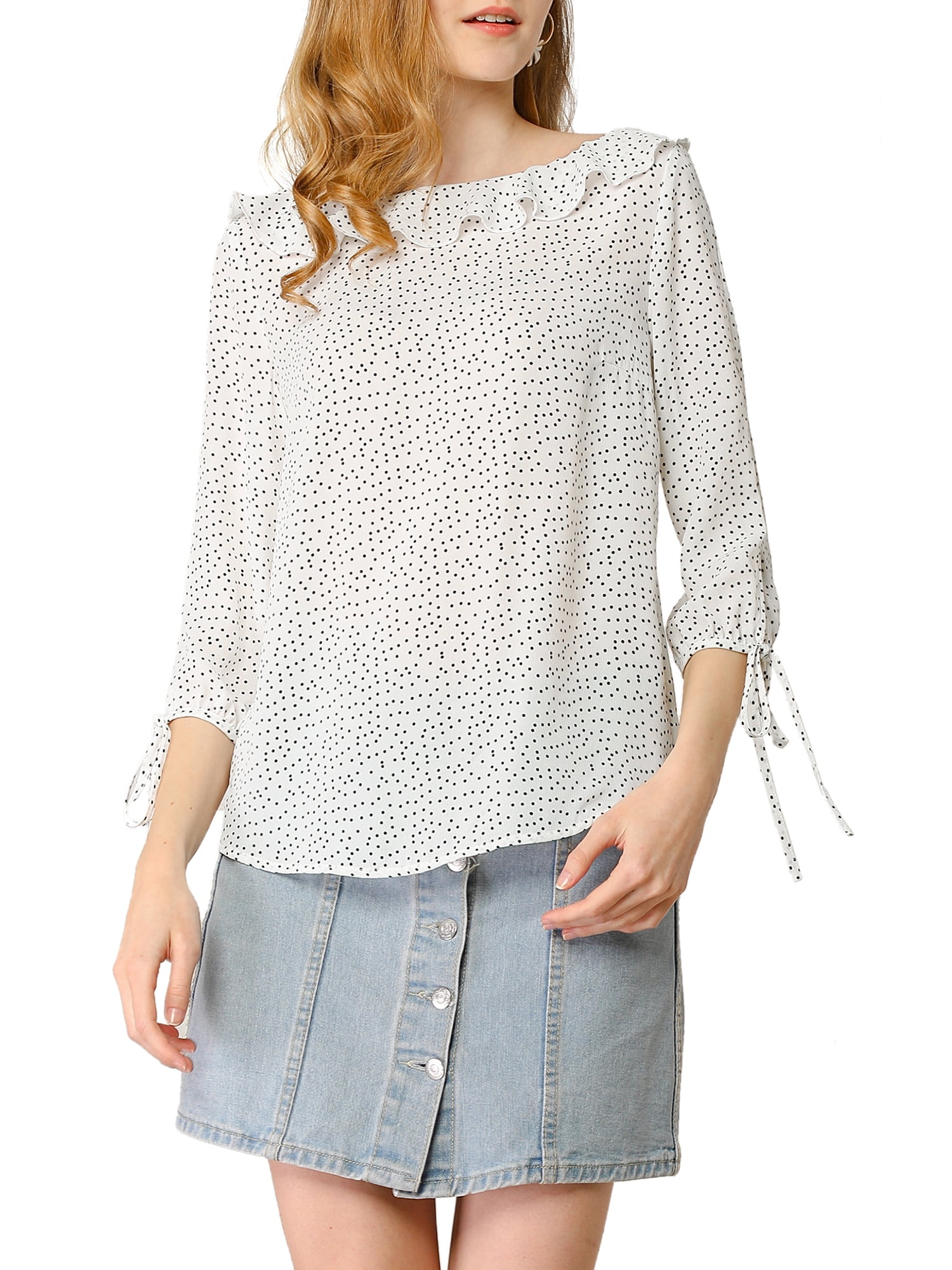 DARING DIVA Polka Dots Ruffled Neck 3/4 Sleeve Blouse Top M White