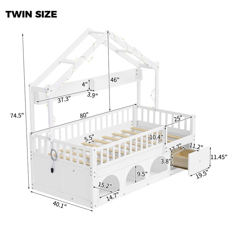 Twin Size Kids Montessori Floor Bed Frame with Guardrail & Drawer, Children House Platform Bed with LED Light & Small Cat Bed