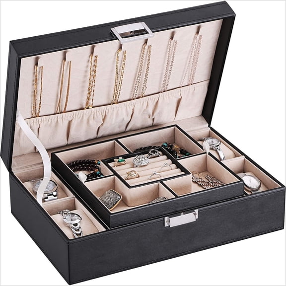 Men's Jewelry Box with 4 Watch Slots, Large Jewelry Organizer with Glass Top Display, Storage Case for Watches, Rings, Cufflinks and Necklaces