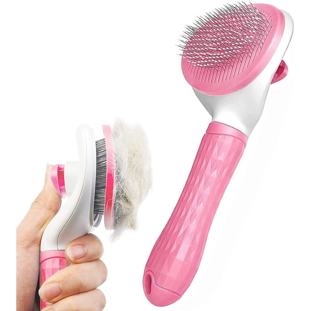 Cepillo para perros, cepillo para gatos, peine de aseo, cepillos autolimpiables para perros y gatos con mango liso, herramienta de aseo para mascotas con botón de limpieza para eliminar el pelo suelto