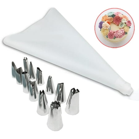 Outgeek 14PCS Icing Tip Cake Decor Stainless Steel Piping Tip Icing Nozzle with Pastry Bag and Coupler for Home Kitchen DIY