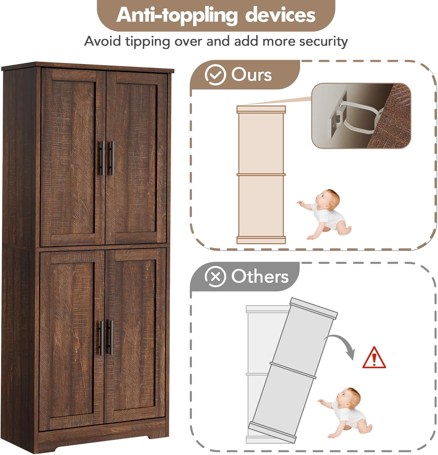 70 Inch Tall Kitchen Pantry Cabinet, Freestanding Storage Cabinet with 4 Doors and Adjustable Shelves, Utility Hutch Cupboard for Dining Room, Bathroom, Living Room