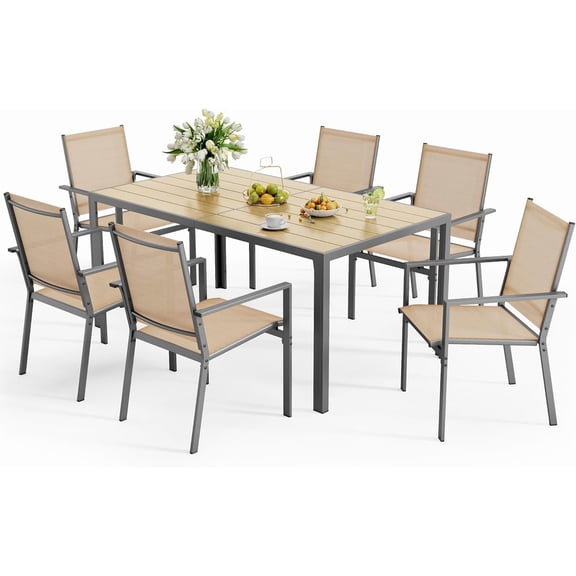 Ahomly Patio Table and Chairs Set for 6, Outdoor Dining Set Includes 59.5" Rectangle Patio Table with Side Umbrella Hole and 6 Textilene Fabric Patio Chairs for Backyard, Courtyard, Poolside, Brown