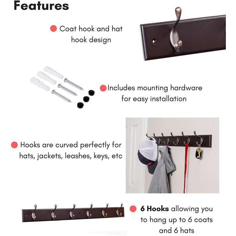 BirdRock Home Hook Coat and Hat Rack - 2 Pack - 6 Hooks - 27