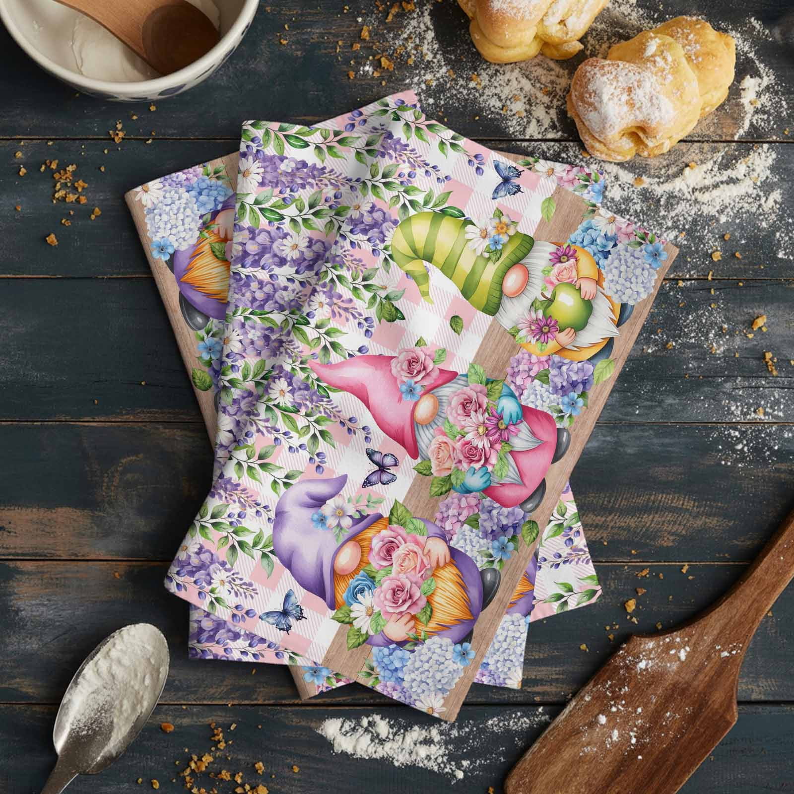 Blue Purple Gnomes Kitchen Towels Set of 3, Water Absorbent Dish Towel, Spring Hydrangea Flower Leaf Pink Plaid Decorative Hand Towels - Quick Drying Cloth for Cooking Baking, 18x28 Inch