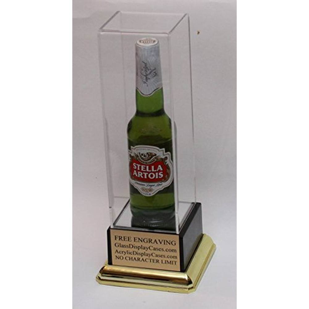 Beer or Soda Bottle Personalized Acrylic Display Case with Black and Gold Base Free No Limit