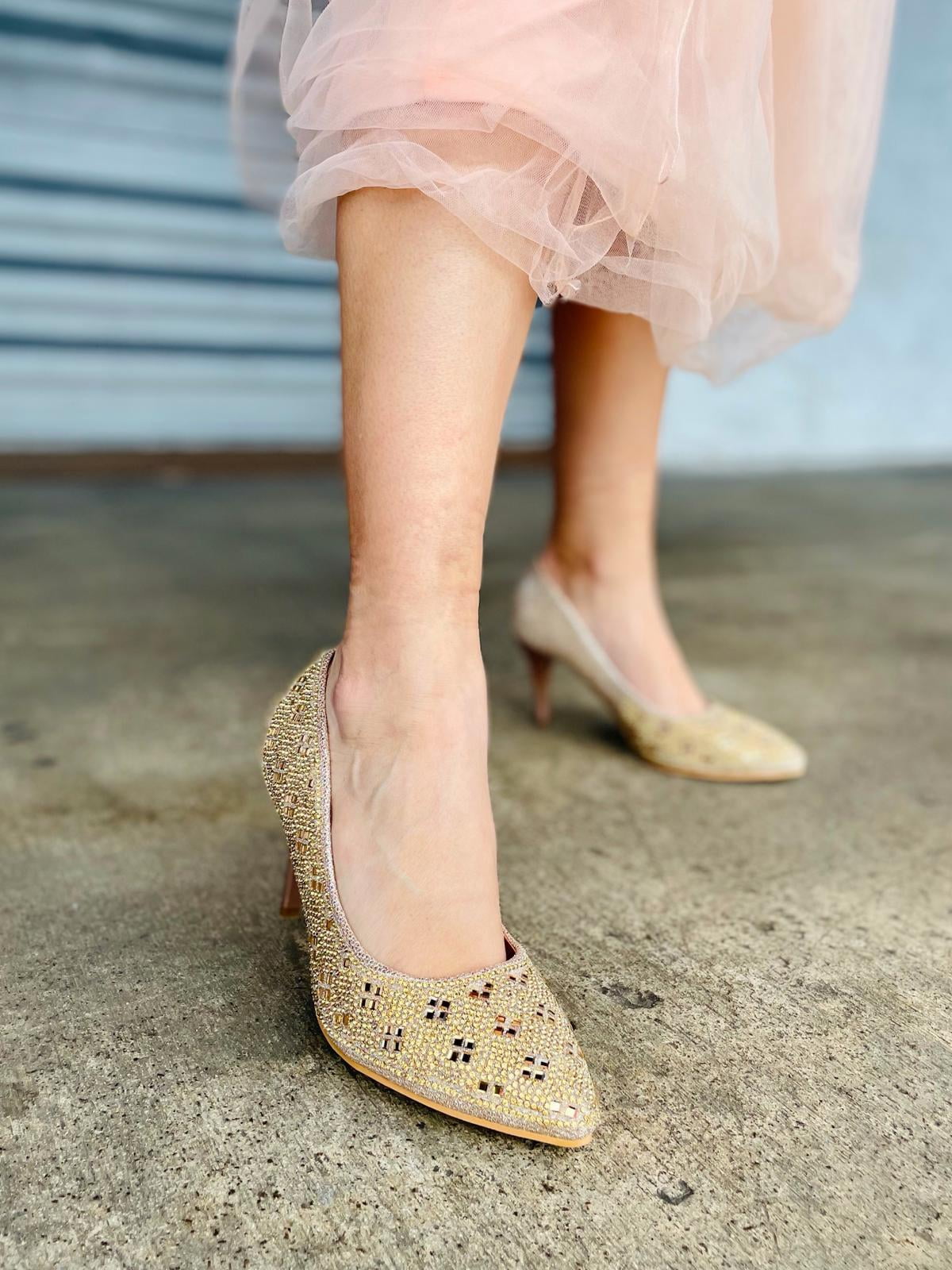 Divine Rosario-01 Dressy Rhinestone Low Heel in Rosegold