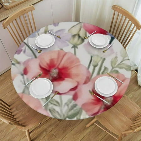 

Round Dining Table Cover Wipeable Tablecloth Spring Pink Flowers White Table Cover with Elastic Edge for Spring Summer Party