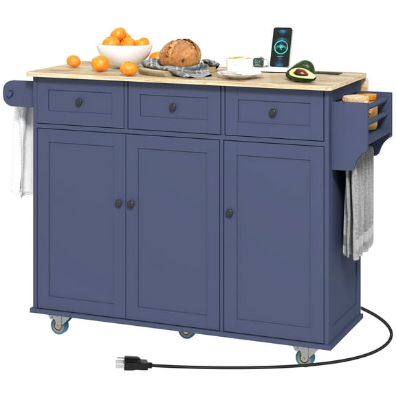 HOMCOM Mobile Kitchen Island with Power Outlet Drop Leaf Kitchen Cart Blue