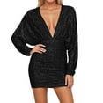 thumbnail image 1 of QHFBli Robe à Paillettes Scintillantes pour Femme, Élégante, Col en V, Fête, Vacances, Cocktail, Mini-Robe Scintillante, Tenue de Boîte de Nuit, Robe Formelle, Noir, P, 1 of 6