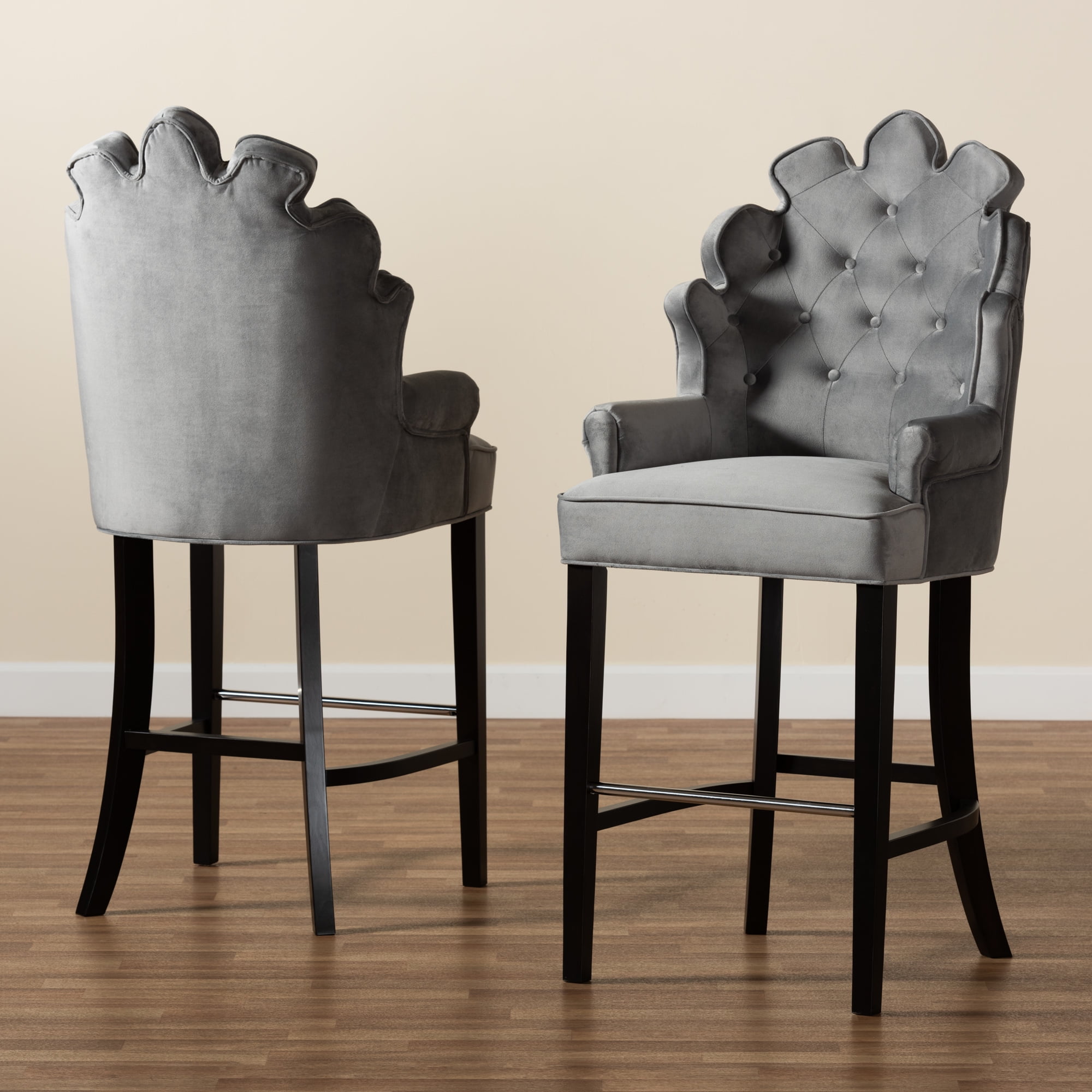 Baxton Studio Chloe Modern and Contemporary Dark Grey Velvet Upholstered and Dark Brown Finished Wood 2-Piece Bar Stool Set