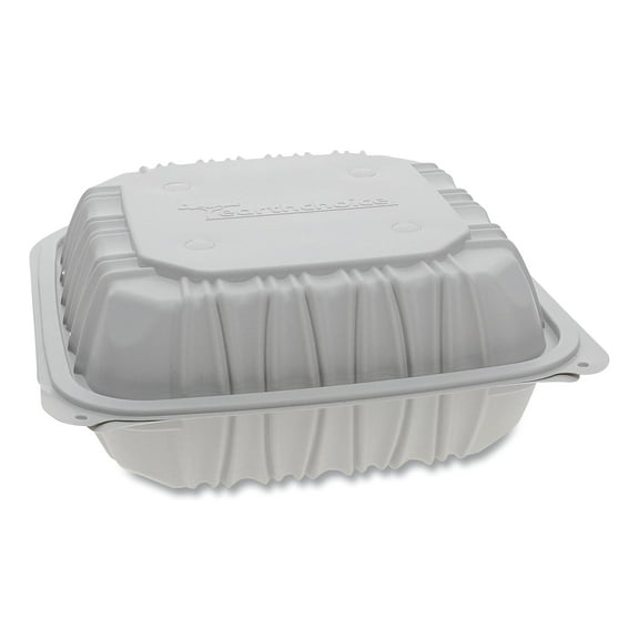 Pactiv Corp. YCNW0851 EarthChoice 8.5 x 8.5 x 3.1 Plastic Vented Microwavable MFPP Hinged Lid Container - White (146/Carton)