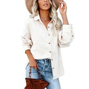 Women’s Solid Color Corduroy Button Down Shirts Long Sleeve Oversized Blouses Coat with Pockets