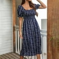 thumbnail image 3 of Women's Summer Midi Dress Stripes Short Puff Sleeve Square Neck Shirred Bust Top Skater Dresses Side Slit High Waist A Line Fit and Flare Sundress Casual Beach Navy Blue Large, 3 of 5