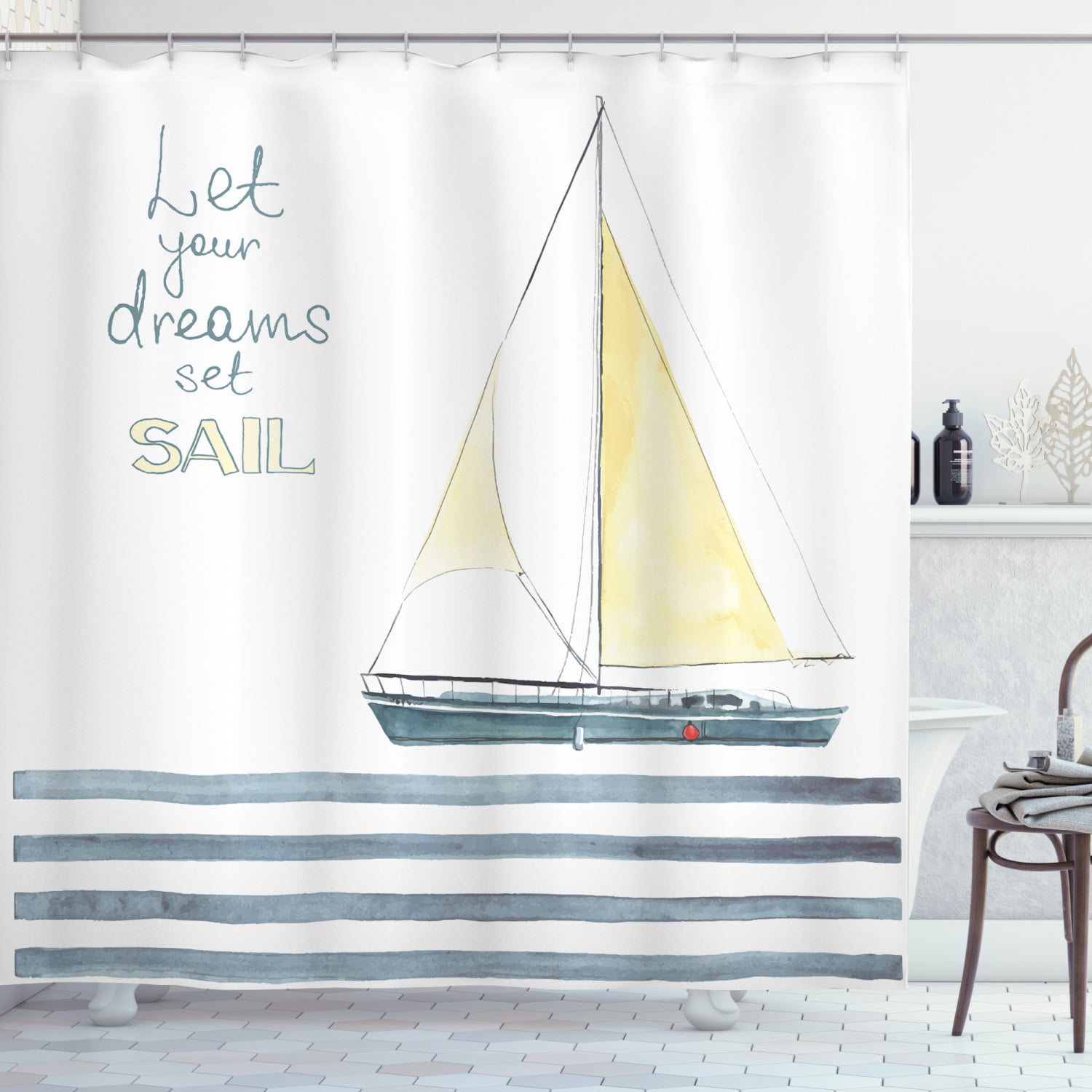 Lighthouses Shower Curtain Ocean Nautical Seagull Sailboat Red White Blue Summer 