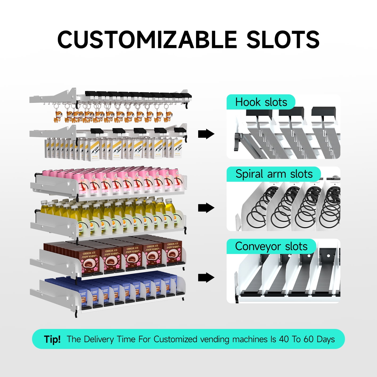 Large 60 Slots Snack Drink Commercial Vending Machine with Card Reader, NFC Cashless Payment Drink Vending Machine for Malls, Offices, Wide Variety Snack Beverage Sales