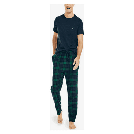 

NAUTICA Men s Navy Knit Tee/Green Flannel Bottom Pajama Set Cotton-Polyester - M