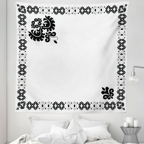 Turkish Pattern Tapestry, Oriental Framework with Leaf Ornament Black and White Damask, Fabric Wall Hanging Decor for Bedroom Living Room Dorm, 5 Sizes, Black White, by Ambesonne