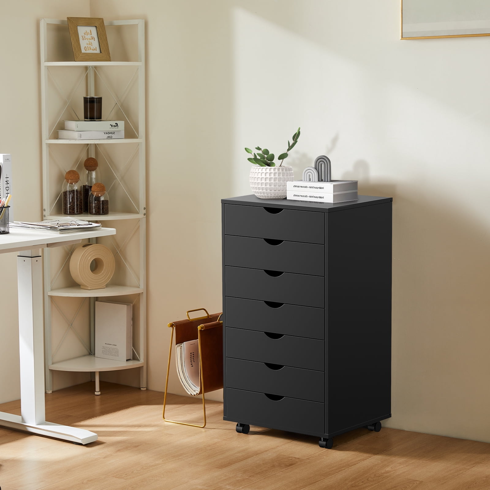 JOINSUN 7-Drawer Dresser, Wood Storage File Cabinet with Wheels and Drawer Organizer for Bedroom Closet, Black