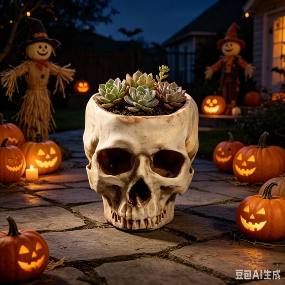 Vintage Skull Shape Resin Planter, Gothic Skull Succulent Flower Pot Indoor Outdoor Halloween Decoration