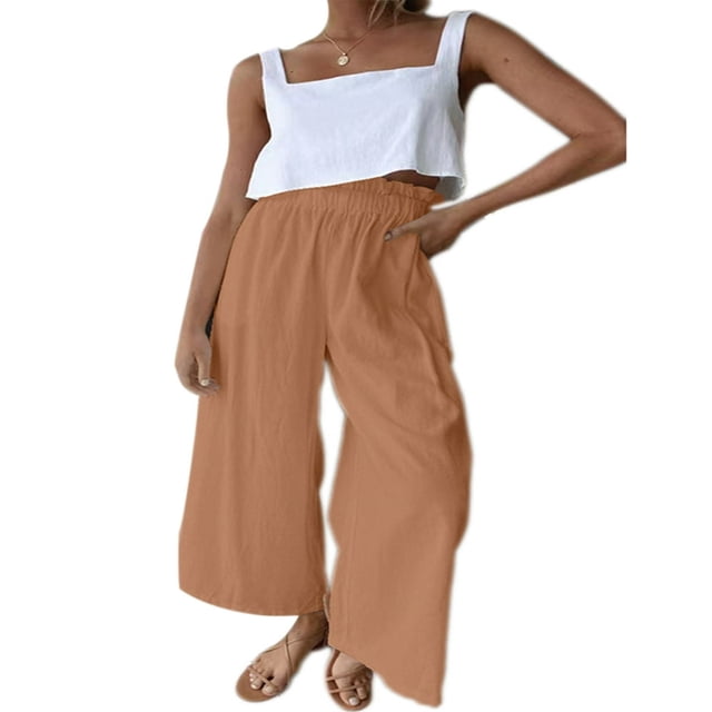 Women Ruffled Wide-leg Pants Summer Casual Loose High Waist Solid Color Trousers