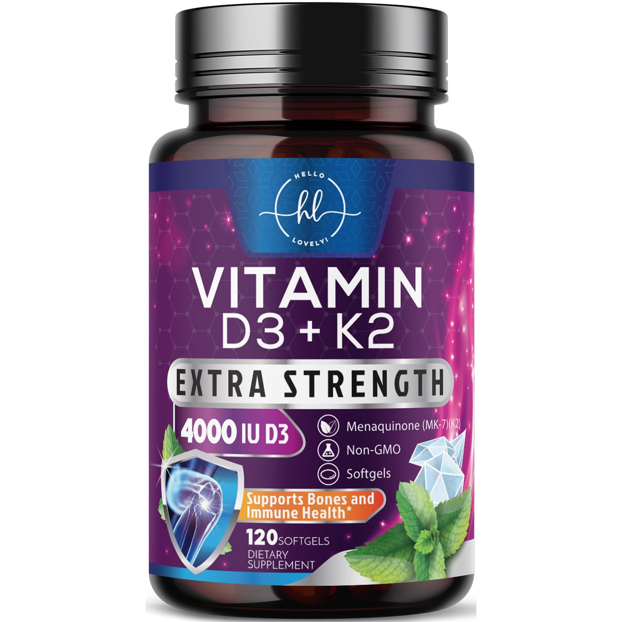 Vitamin D with K2 (MK-7) - Vitamin D3 4000IU (100mcg) - Natural D3K2 Complex Supplement for Bone, Teeth, Muscle, Calcium Absorption, Immune Support & Heart Health - Bottled in USA - 120 Softgels