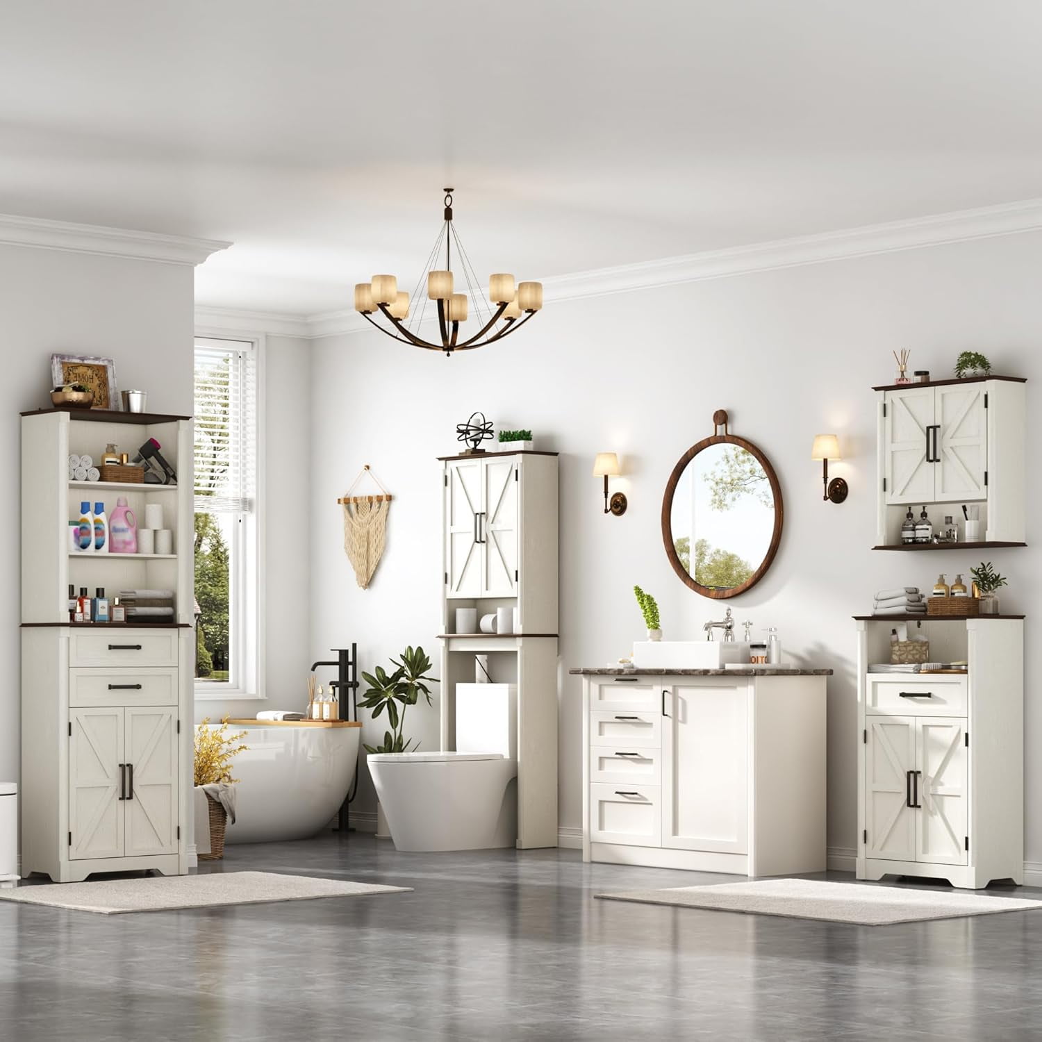 Farmhouse Floor Storage Cabinet with Drawers & 2 Barn Doors, Wood Bathroom Storage Cabinet with Roman Column Decor, Farmhouse Storage Cabinets with Adjustable Shelf & Door Cabinets, Rustic White