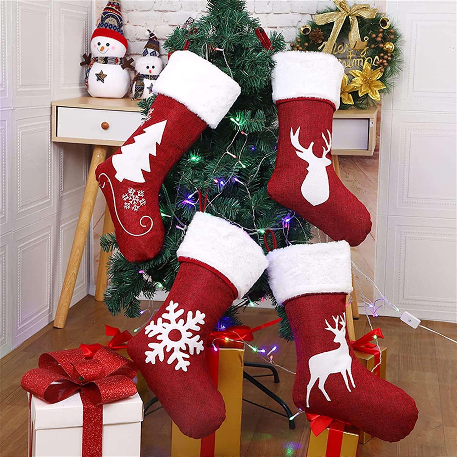 Christmas Stockings,18 inch Candy Stockings,for Xmas Tree and Fireplace Hanging Stockings Holiday Stockings with Plush Decorations,for Family Holiday Xmas Party Decorations