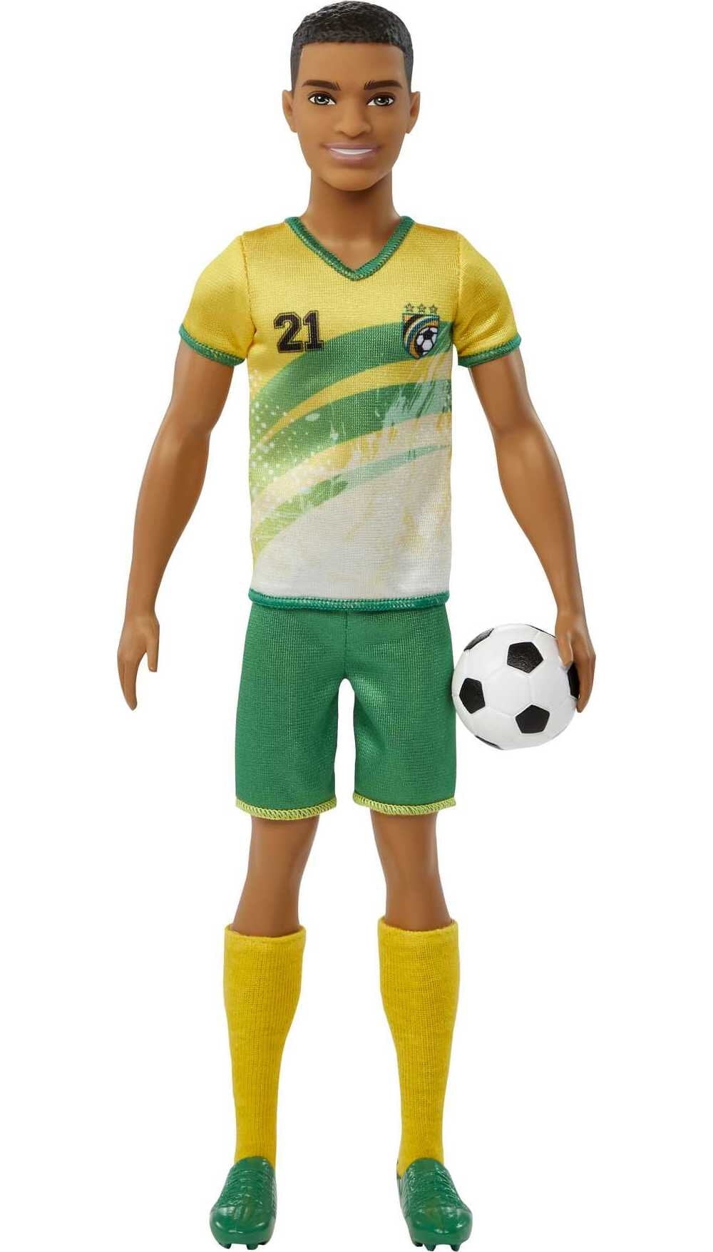 Barbie Soccer Ken Doll Dressed in Cleats, Colorful #21 Uniform & Tall Socks with Short Cropped Hair