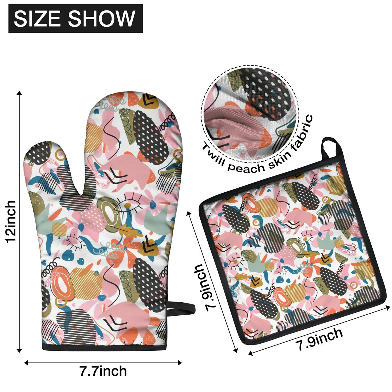 Floral Pattern Oven Mitts and Pot Holders Set Of 4, Heat Resistant Kitchen Gloves with Non-Slip Grip, Hanging Loop, Soft Cotton Lining for Baking, Cooking, Grilling, Barbecue