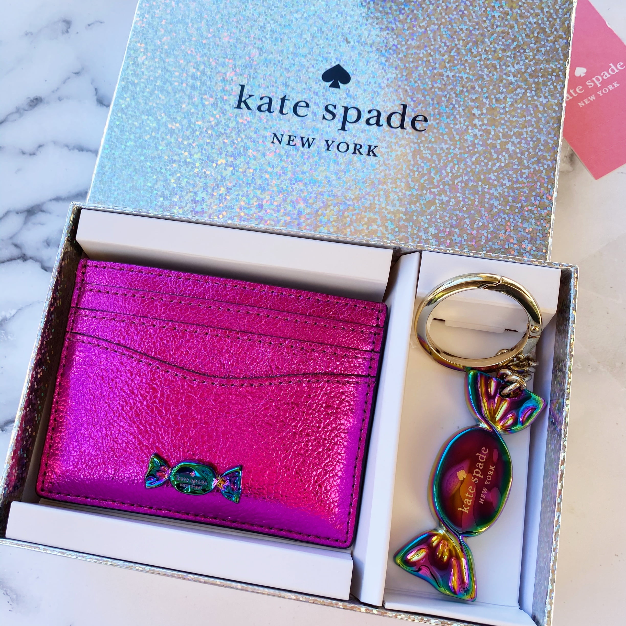 Kate Spade Candy Shop Key Fob & Metallic Card Holder Set Pink Novelty Gift  Box 