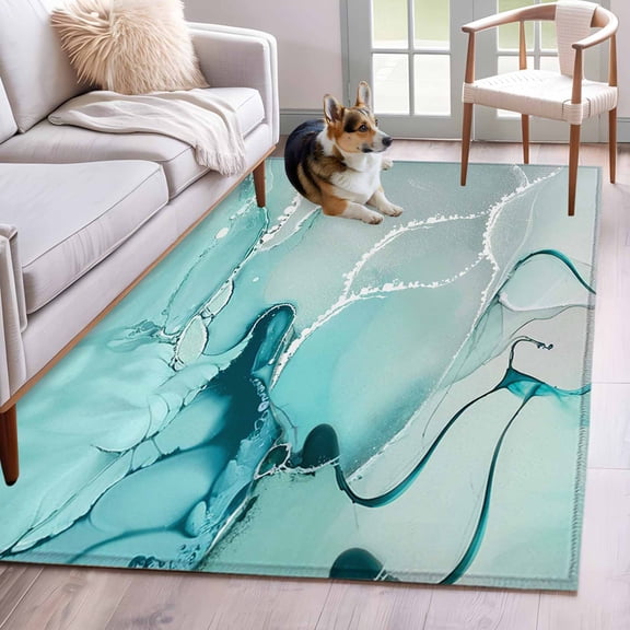 Area Rug for Living Room, Aqua Marble Non-Slip Indoor Large Carpet for Bedroom/Dining Room, Modern Abstract Gradient Water Fluid Art Washable Low-Profile Rectangle Floor Mat Runner Rugs - 2.7 x 5 Ft