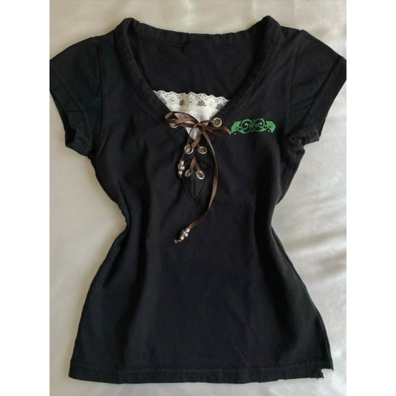 Vintage Fake Two Piece Black T-shirt Womens Harajuku Lace Patchwork Bandage Tops Streetwear Grunge Slim Fit VSummer Shirts Femme