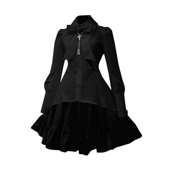 qolati Gothic Dresses for Women Vintage Short Sleeves Ruffle A-Line Dress 2023 Bows V Neck Button Down Punk Mini Dress
