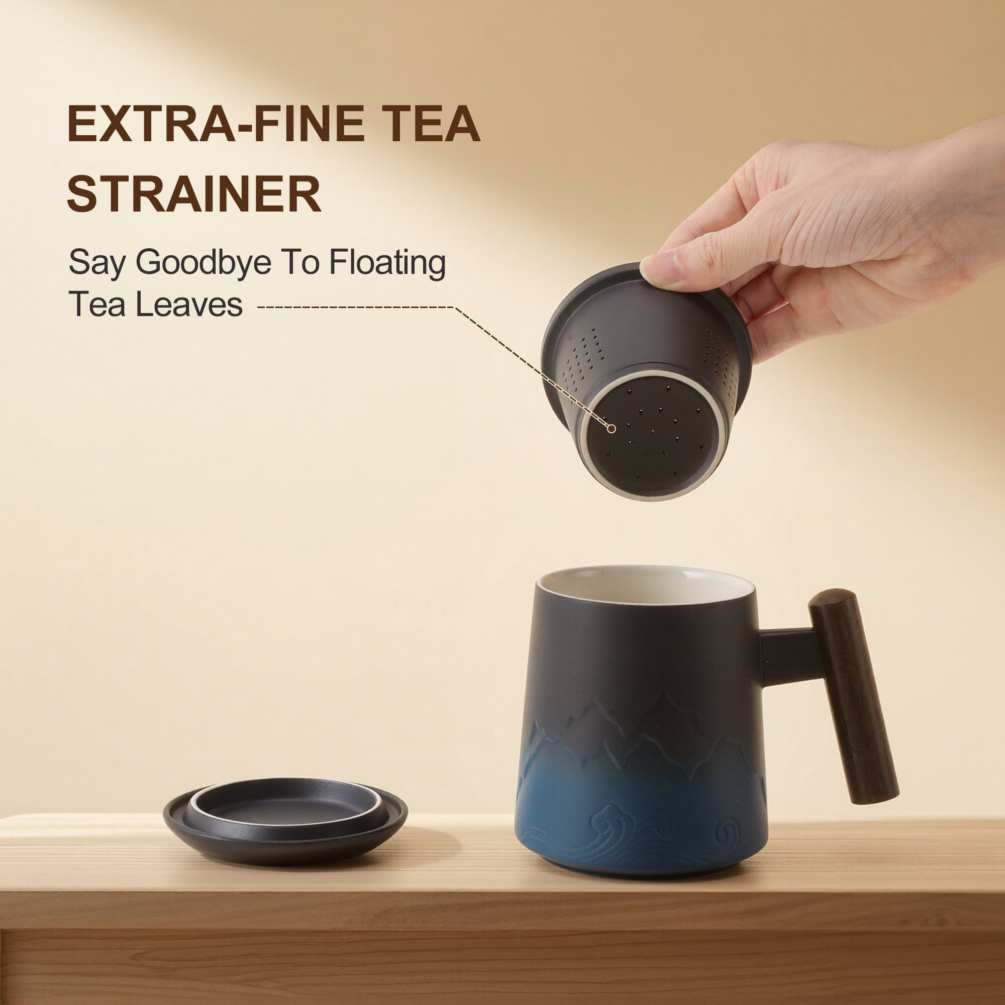 Unique Bargains Tea Cup with Infuser 13.5oz Ceramic Wood Handle Blue and Black