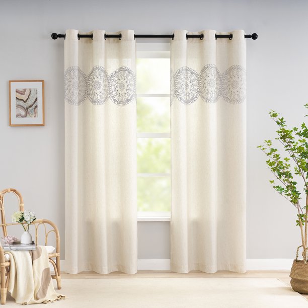 Flowpartex Grey Natural Linen Embroidered Window Curtains 2 Panels